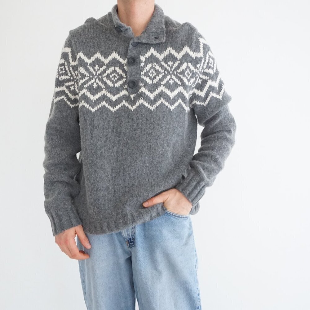 Davis and Squire Grey Nordic Fair Isle Button Collar Knit Sweater L